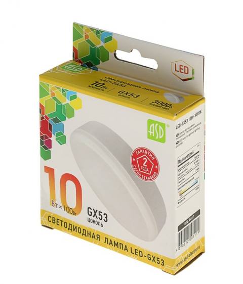 Лампа светодиодная LED-GX53-standard 10Вт таблетка 3000К тепл. бел. GX53 900лм 160-260В ASD