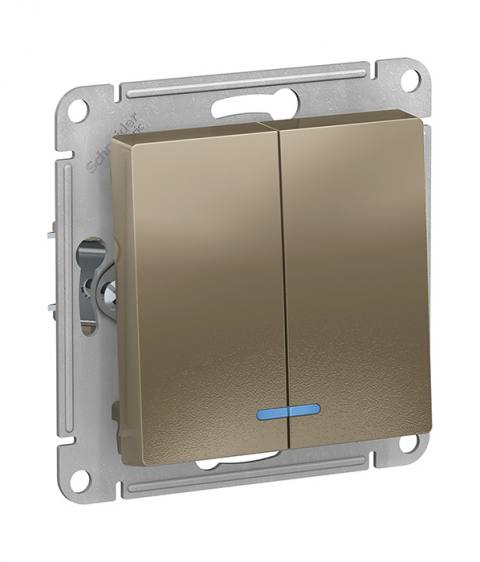 Механизм выключателя двухклавишный с подсветкой сх.5а, 10АХ, Schneider Electric ATLASDESIGN, цвет шампань